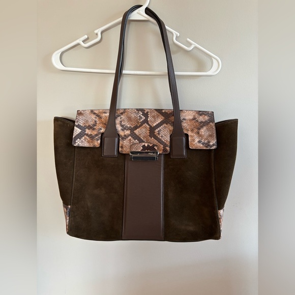 Innue Dark Olive Suede and Brown Leather & Snakeskin Print Handbag